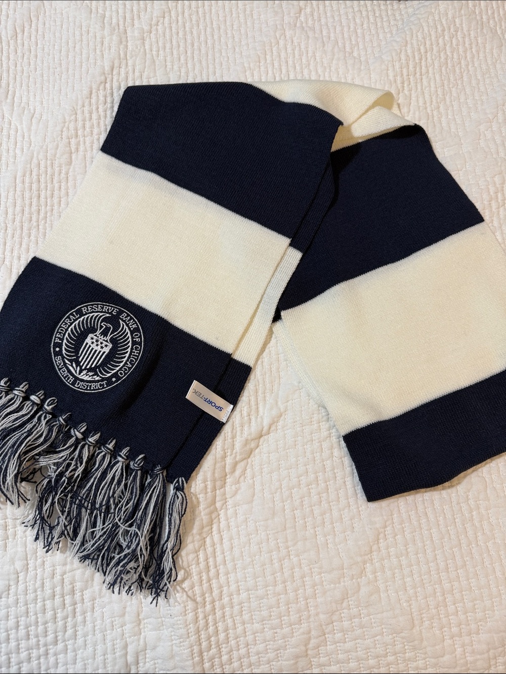 Sport-Tek Navy and Cream Stripe Fringe Scarf - Federal Reserve Bank of Chicago